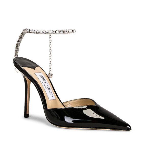 Jimmy Choo Saeda 85 Pumps Black Patent Leather Crystal Strap Pointed Toe - Picture 1 of 10